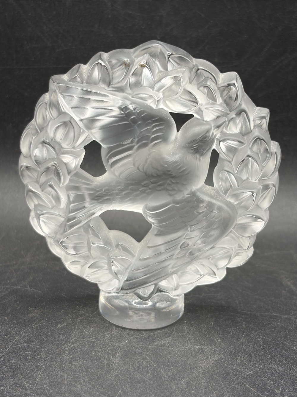 Lalique France Vintage PAX Peace Dove Wreath Frosted Crystal Bird Sculpture